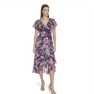 🆕 Harper Rose Navy, Purple & Pink Flutter Sleeve Midi Dress | Size 10 | 5601